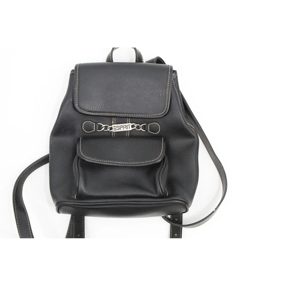 Vintage Esprit Mini Backpack Black Pebbled Faux Leather‎ Chain Logo 90s Y2K Bag